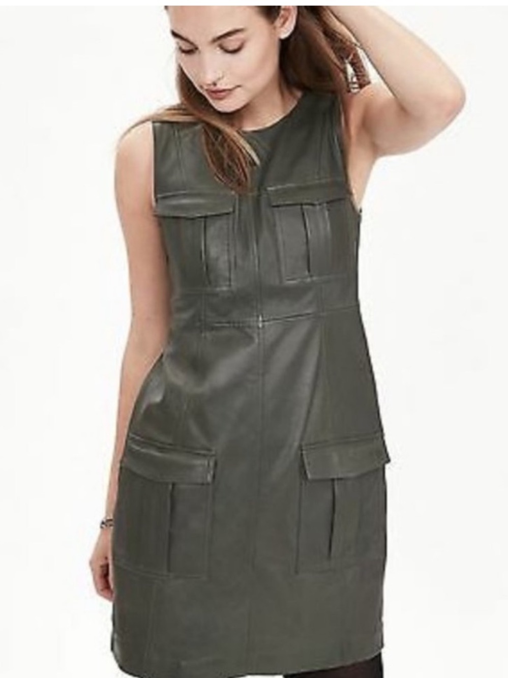 Banana Republic Heritage Collection Lamb Leather Shift Dress Olive Green Size 2